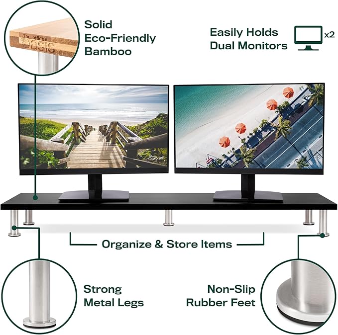The Original Bamboo Dual Monitor Stand (As Seen On PBS) - 42 Inch Large Monitor Riser for Computer Screens, Laptop or TV - Desk Shelf Adds Storage Space and Improves Ergonomics - Black-DeskLoop Office