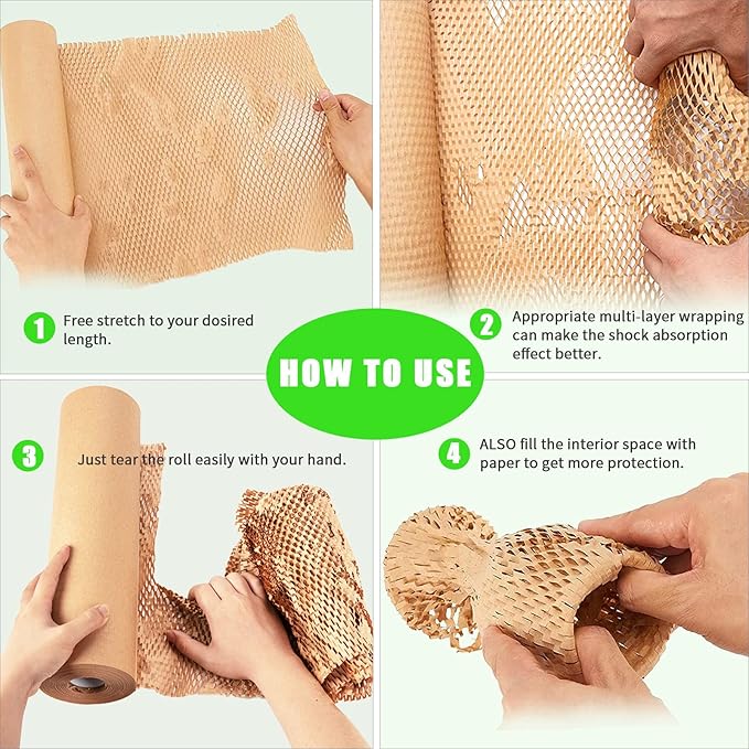 Honeycomb Packing Paper, MINHAO 15"x230' Eco Friendly Packing Paper for Moving Recyclable Honeycomb Paper Moving Supplies Bubble Paper Wrapping Protective Roll, With 36 Fragile Sticker Labels-DeskLoop Office
