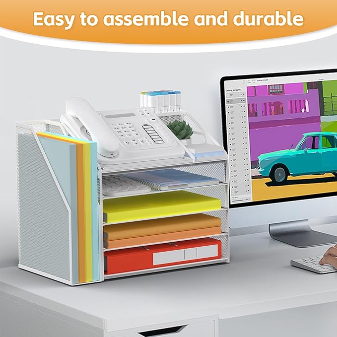 DocNest 5 Tier Paper Letter Tray File Organizer, Mesh Desk File with Handle, Workspace Desk Organizers with Pen Holder, Office Organization Storage Accessories - White-DeskLoop Office
