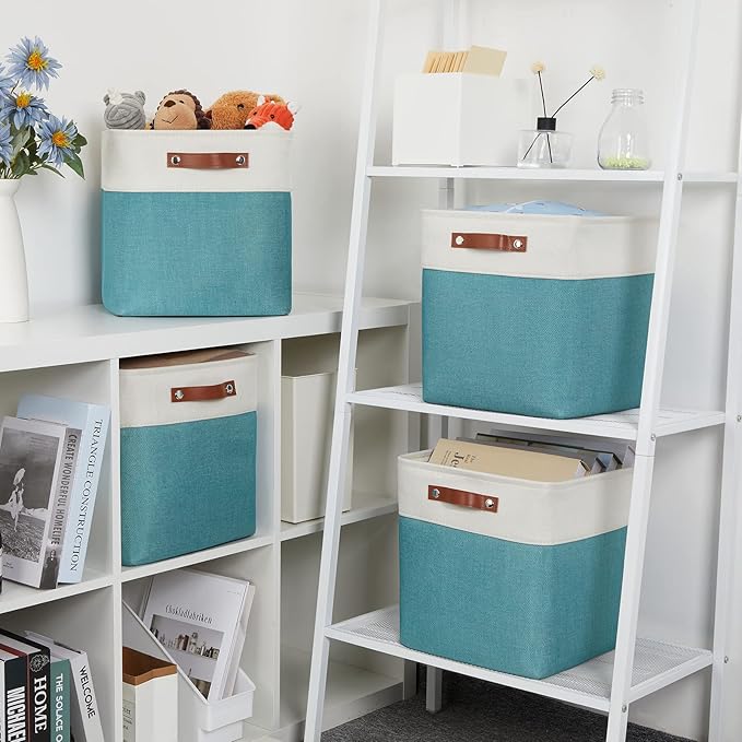 DULLEMELO Square Storage Cubes Baskets for Gifts Empty, 12 inch Cube Stroage Bins Linen Closet Organizers and Storage Baskets for Toy Nursery Shelves Bedroom Storage(4 Pack - 12" White&Teal)-DeskLoop Office