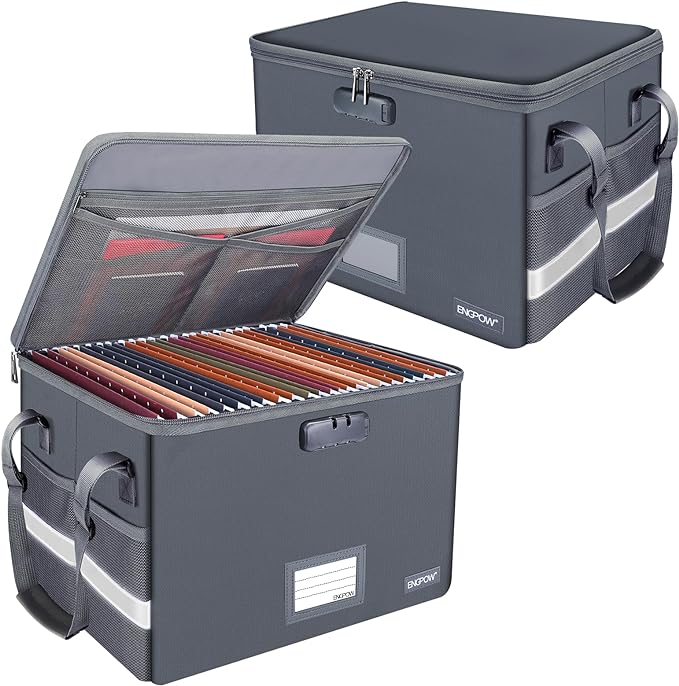 ENGPOW File Box with Lock, Fireproof Document Box with Pockets, Collapsible File Organizer Filing Storage Cabinet with Handle, Portable Home Office Safe for Hanging Letter/Legal Folders,Gray,2 Pack-DeskLoop Office