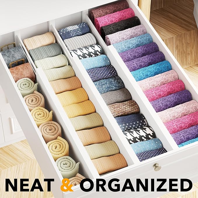 SpaceAid Bamboo Dresser Drawer Dividers 6 Pack, 4.65“ High Adjustable 17“-22” Drawer Organizers, Expandable Organization for Clothing, Clothes, Dressers, White-DeskLoop Office