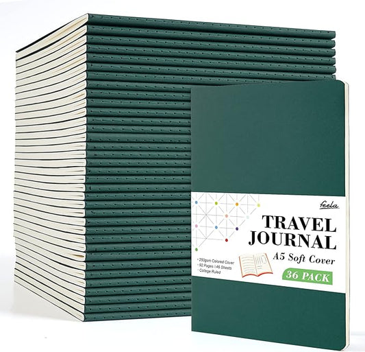 36 Pack Soft Cover Journal Bulk, Feela Lined Blank Travel Journal for Women Men Writing, Notebooks College Ruled for Work, Note Taking Notebook School Business Supplies, 8.2” x 5.5”, A5, Dark Green-DeskLoop Office