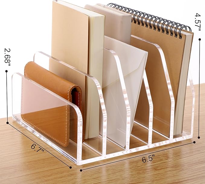 SANRUI Acrylic Desk File Organizer Holder for Desk, Clear Laddered 5 Upright Compartments Mail Sorters, Multifunction Desktop Envelope Folder Racks Document Holders for Office, Home, School-DeskLoop Office
