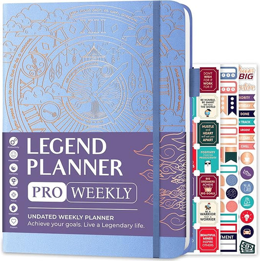 Legend Planner PRO – Deluxe Weekly & Monthly Life Planner to Increase Productivity and Hit Your Goals. Time Management Organizer Notebook – Undated – 7 x 10" Hardcover + Stickers – Periwinkle-DeskLoop Office
