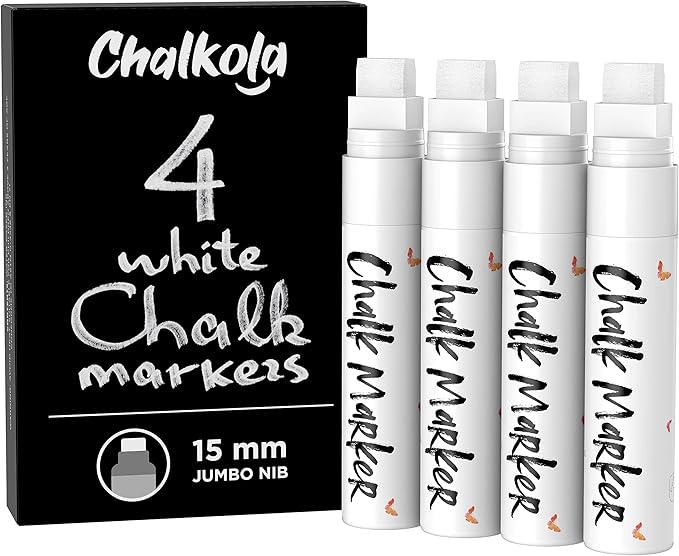 White Jumbo Chalk Markers - 15mm Window Markers | Pack of 4 White Pens - Use on Cars, Chalkboard, Whiteboard, Blackboard, Glass, Bistro | Loved by Teachers, Artists, Businesses-DeskLoop Office