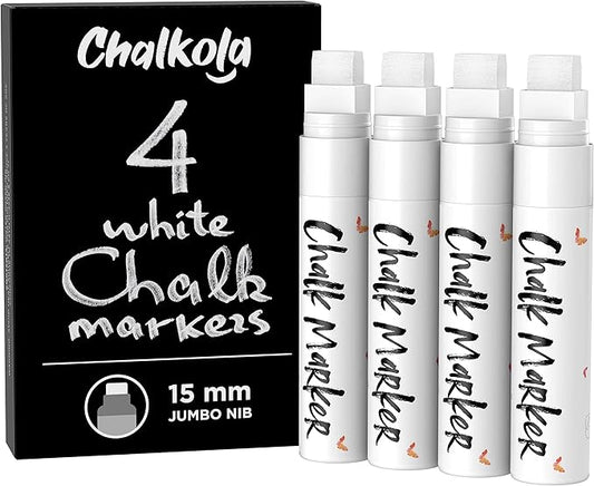 White Jumbo Chalk Markers - 15mm Window Markers | Pack of 4 White Pens - Use on Cars, Chalkboard, Whiteboard, Blackboard, Glass, Bistro | Loved by Teachers, Artists, Businesses-DeskLoop Office