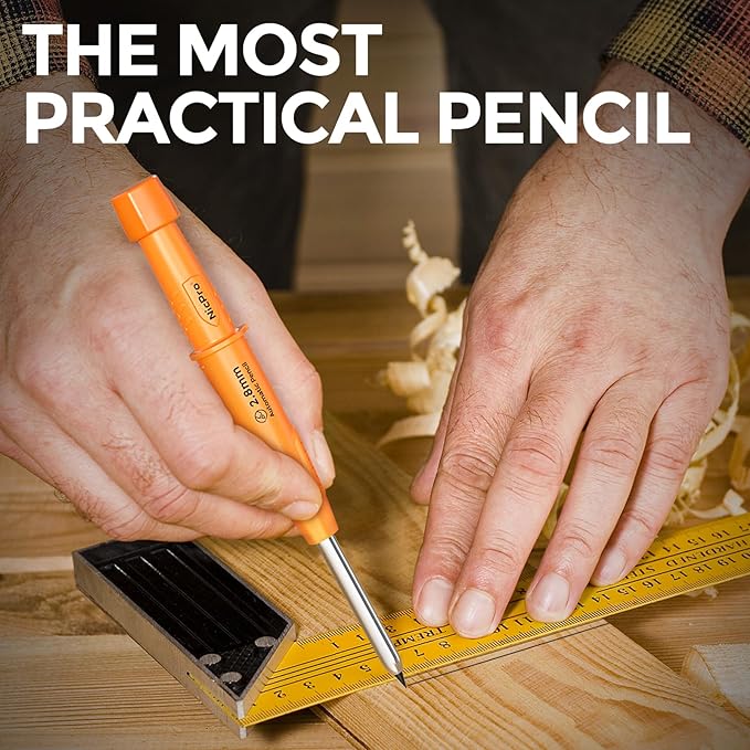 Nicpro CP3000 Carpenter Pencil with Sharpener, 2.8mm Mechanical Pencils with 19 Refill, Deep Hole Marker for Construction, Heavy Duty Woodworking Pencil, Carpenter Tools for Architect Marking (Orange)-DeskLoop Office