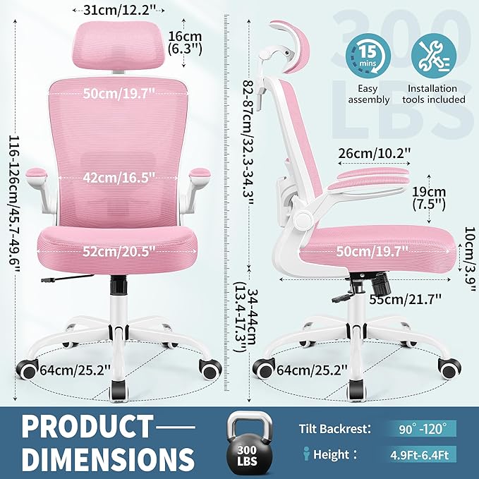 FelixKing Ergonomic Office Chair, Headrest Desk Chair Office Chair with Adjustable Lumbar Support, Home Office Swivel Task Chair with High Back and Armrest, Adjustable Height Gaming Chair(Pink)-DeskLoop Office