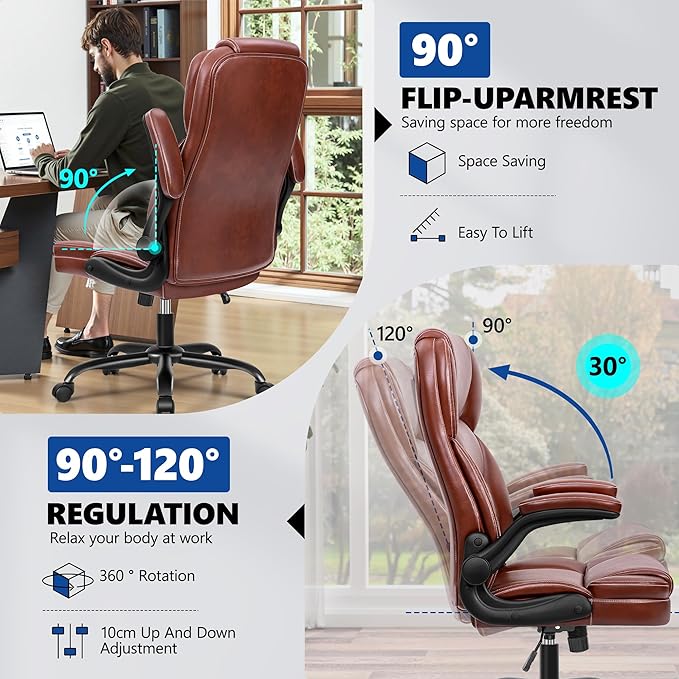 PU Leather Executive Office Chair, Ergonomic Mid-Back Computer & Gaming Chair with Adjustable Height, Rolling Swivel & Flip-Up Armrests, Comfy Padded Seat for Home Office-Brown-DeskLoop Office