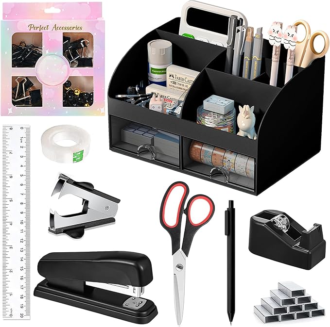 Black Desk Accessories with Pen Holder, Office Supplies Desk Organizers and Accessories, Tape Dispenser, Stapler, Staple Remover, Staples, Clips Set, Ruler, Scissor, Pen, Tape (Black)-DeskLoop Office