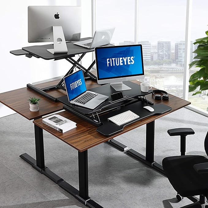 FITUEYES Height Adjustable Standing Desk 32” Wide Sit to Stand Converter Stand Up Desk Tabletop Workstation for Dual Monitor Riser FSD308001WB-DeskLoop Office