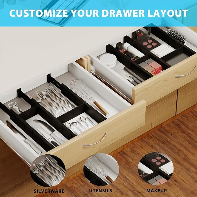6 Pack Bamboo Drawer Dividers with 12 Inserts, Expandable Adjustable Clothes Drawer Organizers and Storage from 17" to 22" for Kitchen, Bedroom, Dresser, Cosmetics (Black)-DeskLoop Office
