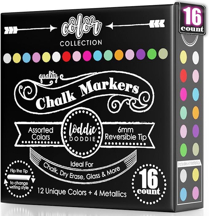 Loddie Doddie Chalk Markers - Pack of 16, 6mm Reversible Bullet & Chisel Tips - Non-Toxic Dust-Free Erasable Liquid Chalk Ink - Dry Erase Markers for Glass, Windows & Whiteboards-DeskLoop Office