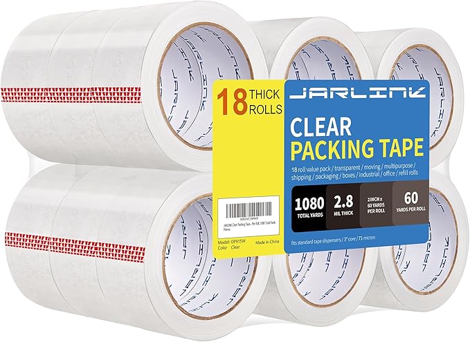 JARLINK Clear Packing Tape (18 Rolls), Heavy Duty Packaging Tape for Shipping Packaging Moving Sealing, Stronger & Thicker 2.8mil, 2 inches Wide, 60 Yards Per Roll, 1080 Total Yards-DeskLoop Office