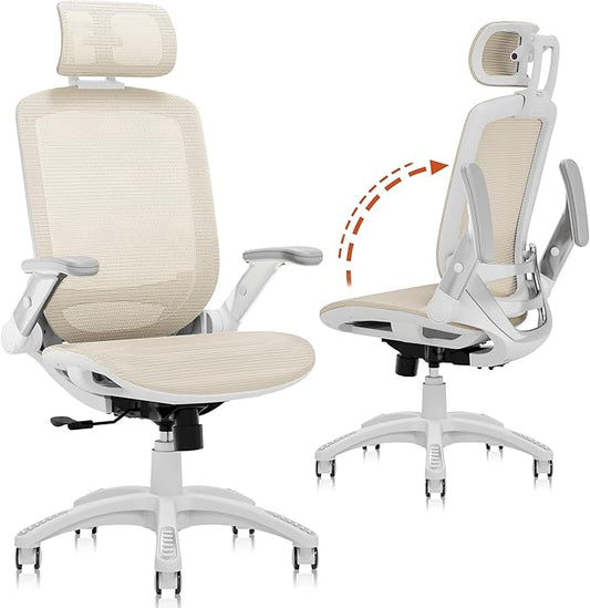 GABRYLLY Ergonomic Office Chair, High Back Home Desk Chair with Headrest, Flip-Up Arms, 90-120° Tilt Lock and Wide Cushion, 400LBS Mesh Chairs for Man Woman, White Task Chair(Beige,GY01WBG)-DeskLoop Office