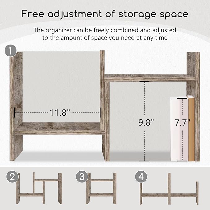 Jerry & Maggie Desktop Organizer Office Storage Rack Adjustable Wood Display Shelf Free Style Double H, Multi-Functional Mini Bookshelf for Desk Natural Stand (Gray Oak)-DeskLoop Office