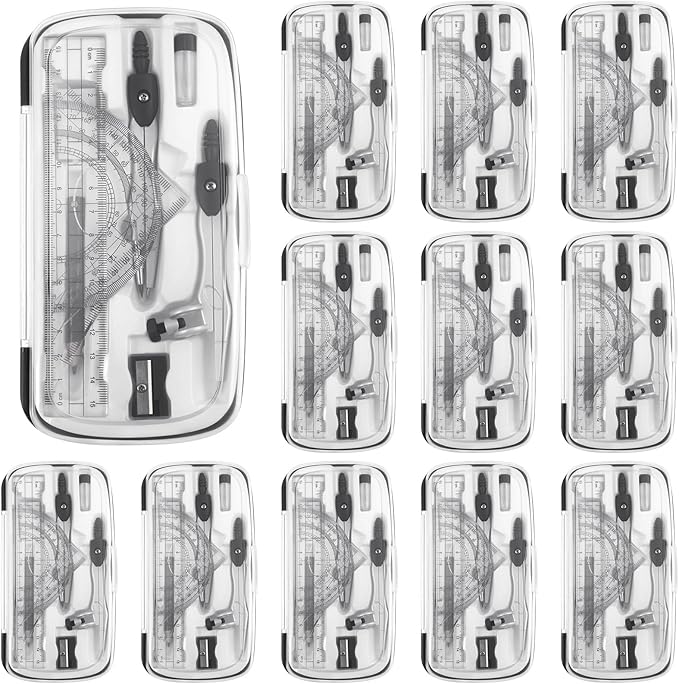 Teling 12 Sets Math Geometry Kit for Students 10 Pcs Compass Geometry Tools Set Includes Rulers Protractor Compass Eraser Pencil Sharpener Lead Refills Pencil (Black)-DeskLoop Office