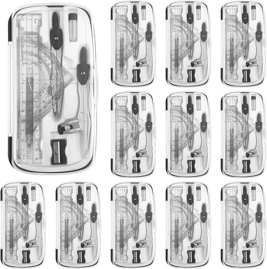 Teling 12 Sets Math Geometry Kit for Students 10 Pcs Compass Geometry Tools Set Includes Rulers Protractor Compass Eraser Pencil Sharpener Lead Refills Pencil (Black)-DeskLoop Office
