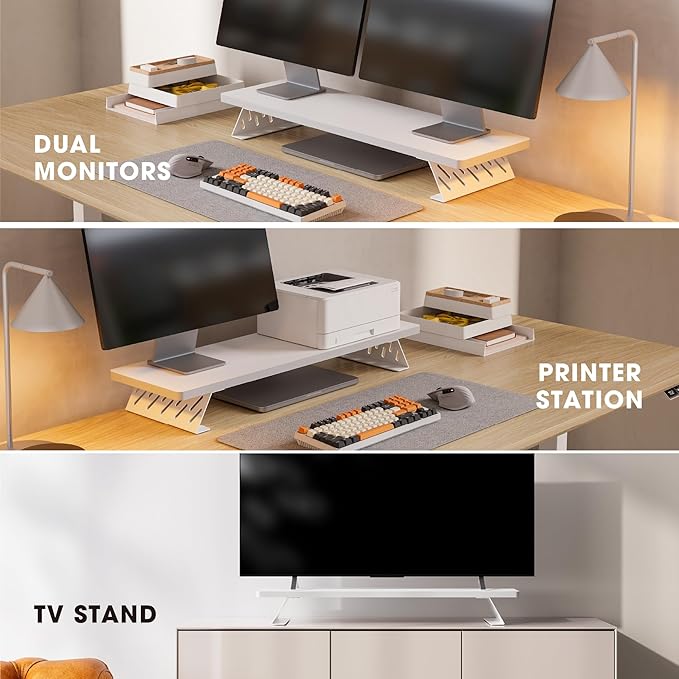 Fenge Monitor Stand Riser, Desk Top Shelf for 2 Monitors, Computer Stands for Desk, Wood & Steel Desktop Riser for Laptop, PC, Printer-DeskLoop Office