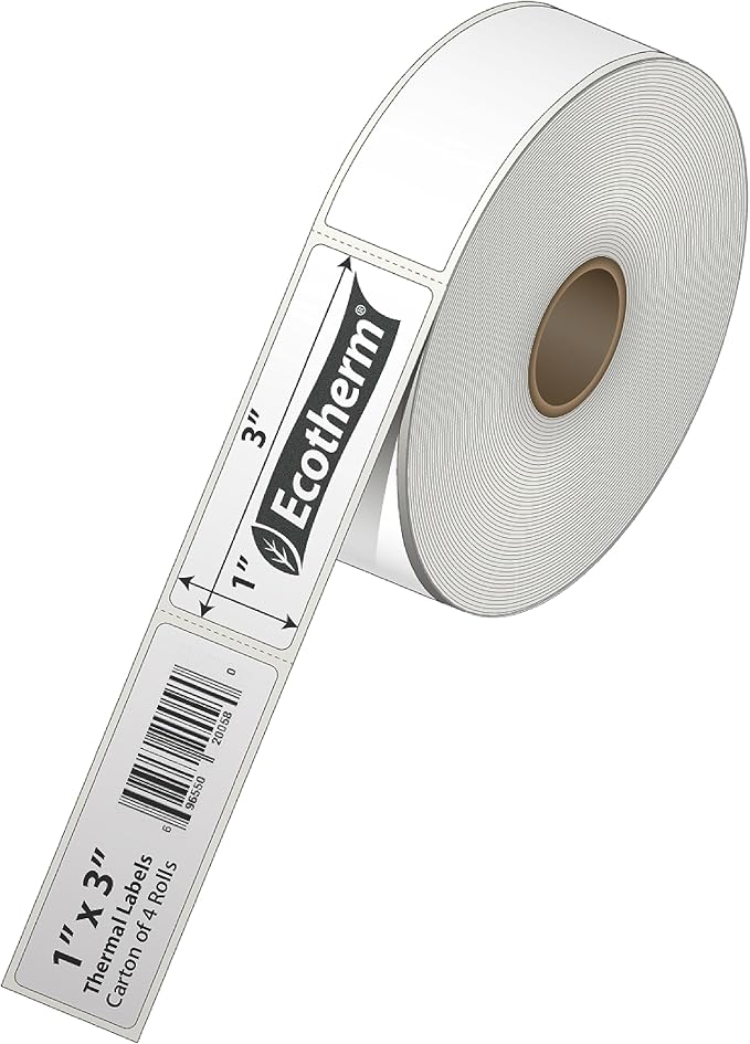 1" x 3" Thermal Labels | 4 Rolls | 2720 Labels | fits Zebra, Godex, Arkscan, iDPRT, Offnova Thermal Label Printers and More | Blank White Adhesive Stickers by Ecotherm-DeskLoop Office