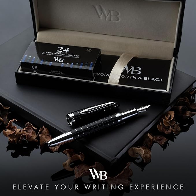 Wordsworth & Black Majesti Fountain Pen-(Checked), Luxury Case, Chrome Finish; Extra Fine Nib- Ink Cartridges, Refillable Ink Converter-Calligraphy Pen-Best Business Gift Set for Men & Women-DeskLoop Office