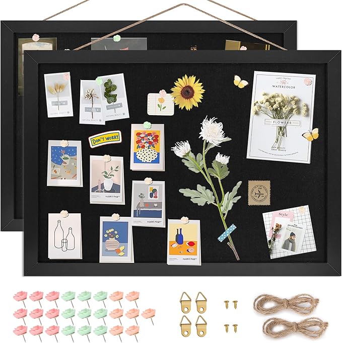Black Cork Board Bulletin Board 16.7" x 11", 2-Pack Small Linen Corkboards with Frame for Walls, Cute Picture Display Pin Board Vision Board for Room School Office Bedroom 25 Pushpins-DeskLoop Office