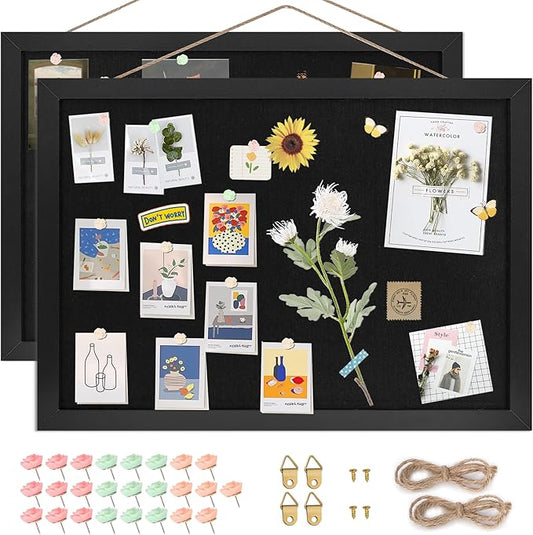 Black Cork Board Bulletin Board 16.7" x 11", 2-Pack Small Linen Corkboards with Frame for Walls, Cute Picture Display Pin Board Vision Board for Room School Office Bedroom 25 Pushpins-DeskLoop Office