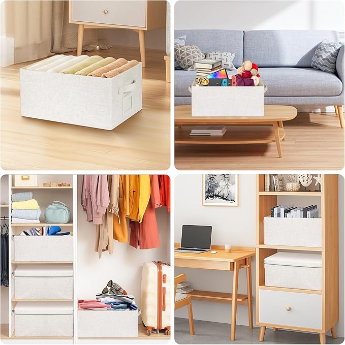 Large 17''x12'' Quart Collapsible Stackable Storage Bins with Lids, 2 Packs Off White Fabric Closet Boxes with Lids, Storage Cube Baskets Container Organizers for Bedroom Office(17''x12.2x''8'')-DeskLoop Office