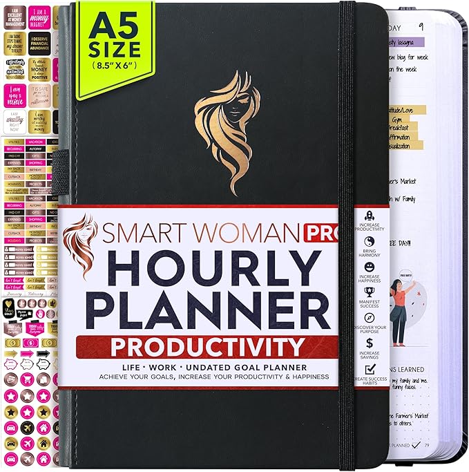 Hourly Planner - Undated Daily, Weekly & Monthly Planner with Budget Section | A 12 Month Journey to Increase Productivity & Happiness | Life Organizer & Gratitude Journal - Vertical Format-DeskLoop Office