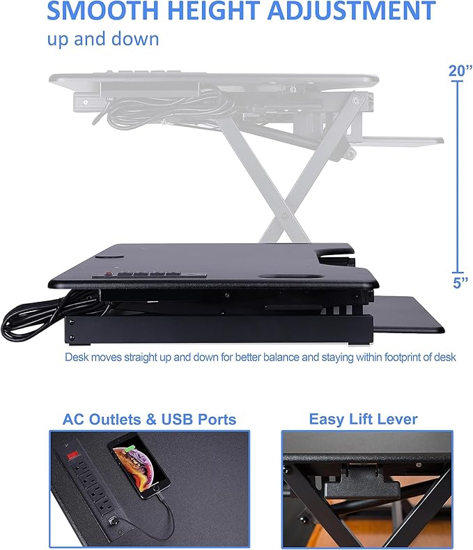 Rocelco 46" Height Adjustable Standing Desk Converter - Desktop AC USB Charger - Sit Stand Up Triple Monitor Riser - Tall Computer Workstation - Retractable Keyboard Tray - Black (R DADRB-46-ACUSB)-DeskLoop Office