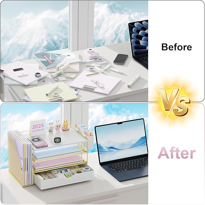 Wood Desk Organizers and Accessories with File Holder, 4-Tier Desk Accessories & Workspace Organizers with Drawer and Pen Holder, Paper Organizer for Office Supplies (Gold)-DeskLoop Office