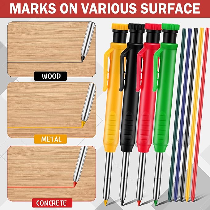 8 pack 2.8mm Mechanical Carpenter Pencils with 48 Refills, Construction Pencils with Built-in Sharpener, Long Nib Deep Hole Marker, Heavy Duty Woodworking Tools(Black+yellow+red+green)-DeskLoop Office
