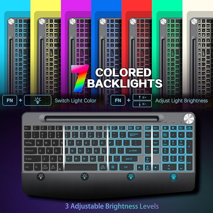 Backlit Keyboard and Mouse Combo, 7 Colors Wireless Keyboard Ergonomic with Wrist Rest and Volume Knob,Phone Holder,Rechargeable with Light Up Keyboard for Laptop, PC, Mac, Windows -Black-DeskLoop Office