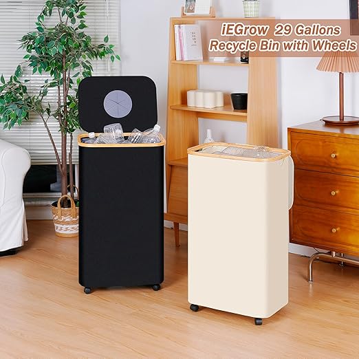 Recycling Bin for Kitchen, Indoor Home Recycle Bins with Wheel, 29 Gallons Large Recycling bin with 2 Removeable Reusable Inner Bags, for Bottles Cans Glass Plastice Cartons(Black)-DeskLoop Office