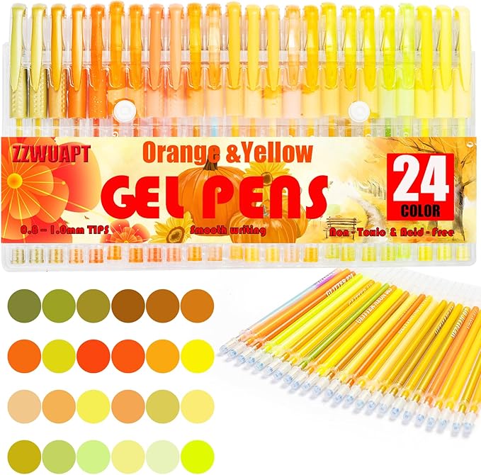 Orange Yellow Gel Pens for Coloring Book,72 Color Gel Pens Set including 24 Color Gel Pen with 48 Refills,40% More Ink Colored Gel Pens for Drawing, Doodling, Scrapbook, Journaling-DeskLoop Office