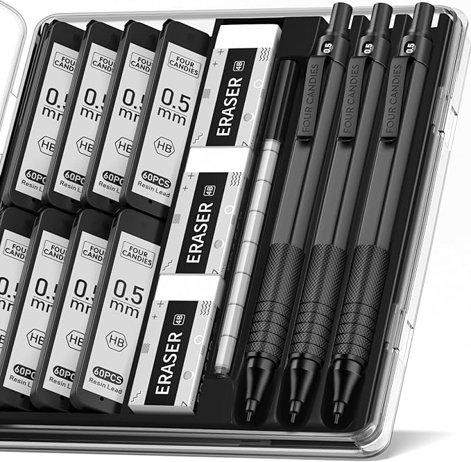 Four Candies 0.5mm Mechanical Pencil Set with Case, 3PCS Metal Artist Lead Pencil with 8 Tubes (480PCS) HB Lead Refills, 3 Erasers, 9 Eraser Refills For Engineer Art Writing Drawing Drafting, Black-DeskLoop Office