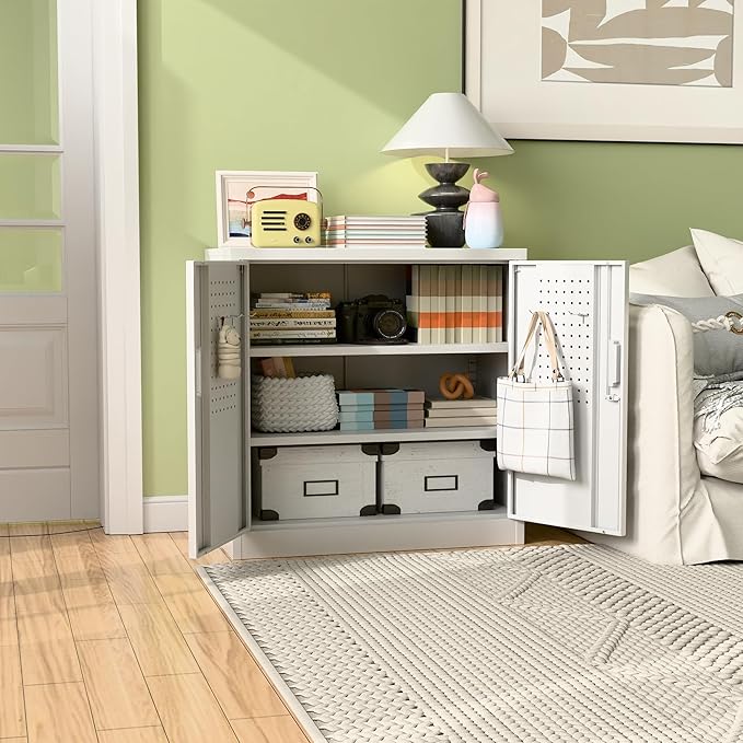 Aobabo 31.5" H Small Garage Storage Cabinet with Pegboard,Lockable File Storage Cabinet with 2 Adjustable Shelves for Garage, Office, School, Assembly Require, White-DeskLoop Office