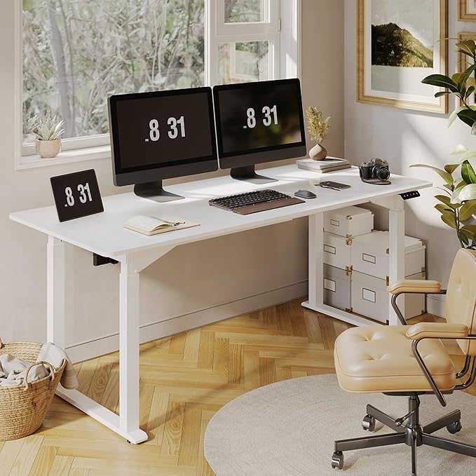 SANODESK 4-Leg Standing Desk, Electric Height Adjustable Desk with Memory Presets for Home Office, Stand up Desk Computer Workstation, 71x32 Inches White-DeskLoop Office