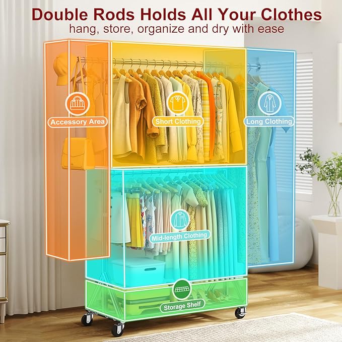 100% Stainless Steel Heavy Duty Clothes Rack Load 860LBS, Rolling Double Rods Clothing Racks for Hanging Clothes, Adjustbale Garment Rack With Sturdy Wheels Shelf, Portable Closet Rack Free Standing-DeskLoop Office