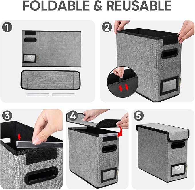 BALEINE File Organizer Box with Lid, Collapsible File Folder Organizer with Plastic Slide, Hanging File Folder Box for Office Document Storage (1 Pack, Grey, S)-DeskLoop Office