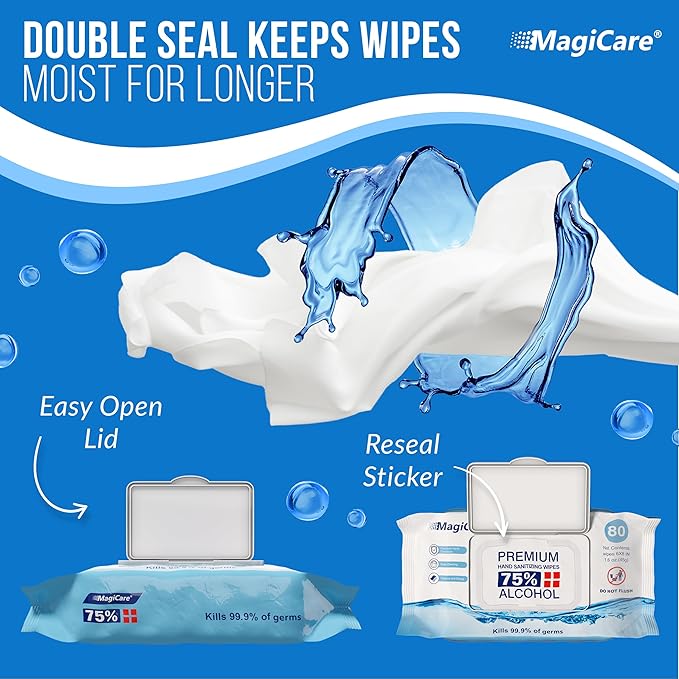 MagiCare 75% Large Alcohol Wipes (4-80ct Packs) - Alcohol Hand Sanitizing Wipes, Premium - Unscented Hand Wipe, Sanitizer Wipe - Travel, Home, Classroom, Camping - 4 Soft Packs (320pcs)-DeskLoop Office