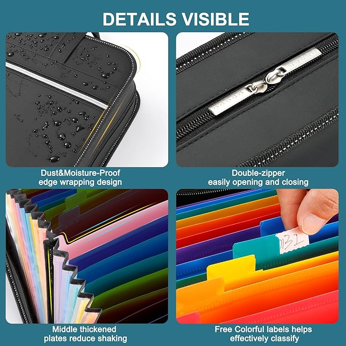SEEKIND PU Leather Accordian File Organizer 26 Pockets, Expanding File Folder with Handle, Portable Document Organizer Accordion File Keeper for Letter Size / A4 File, for Office, School-Black-DeskLoop Office