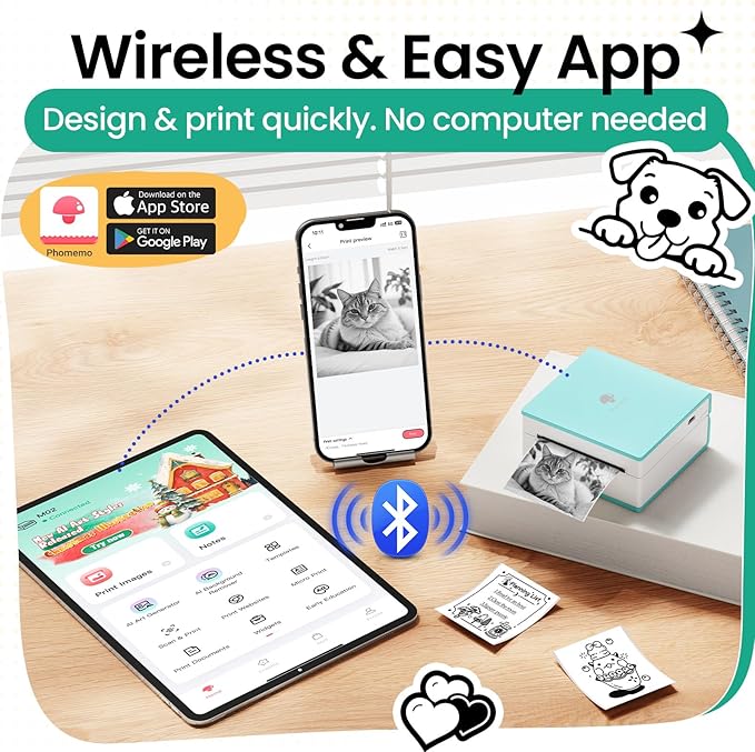 Phomemo Mini Sticker Printer- Mini Printer Sticker Maker Machine M02, Print Pods Suitable for Student Name Label, Study Notes, Creative DIY, Diaries, Portable Thermal Printer for School/Home/Office-DeskLoop Office