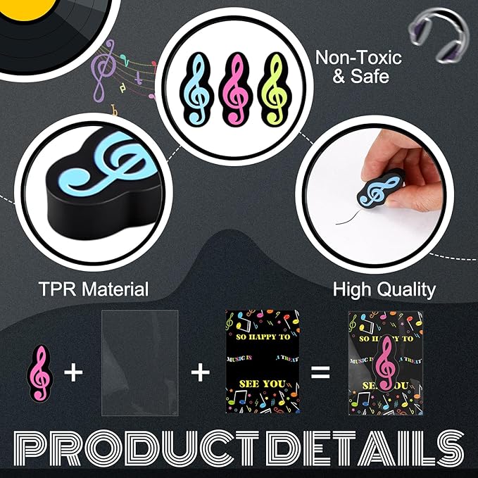 80 Sets Back to School Gifts for Students Funny Novelty Erasers Bulk Musical Note Erasers with Greeting Cards First of School Classroom Rewards from Teachers-DeskLoop Office