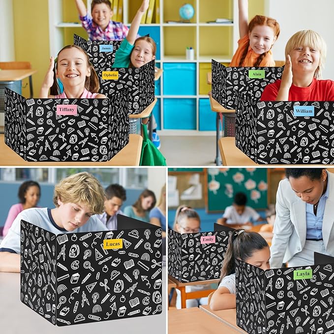 24 Pack Black Printing Privacy Floders for Student Desks - Durable Plastic Erasable - Testing Dividers for Classroom - Easy Clean Privacy Shields for Student - Includes Extra Labels-DeskLoop Office