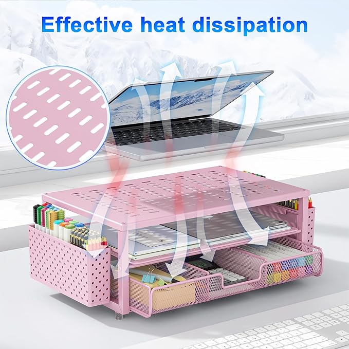 gianotter Desk Organizers and Accessories, Monitor Stand with Drawer and 2 Pen Holder, Desktop Organizer Suitable for Offices and Dormitories (Pink)-DeskLoop Office