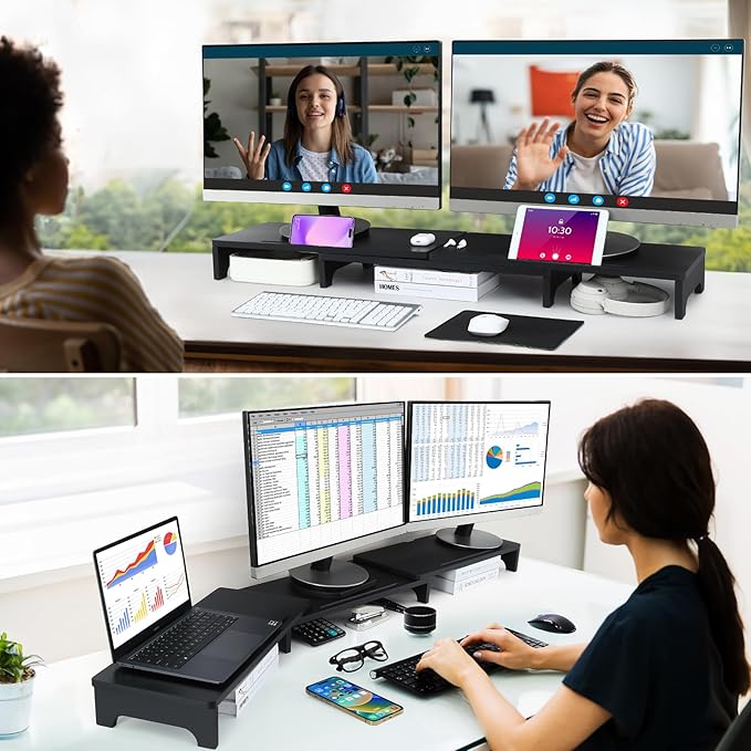 Nnewvante Monitor Stand Riser, 60 inch Large Bamboo Dual Monitor Stand for Desk, 3 Shelves Desktop Screen Riser with Adjustable Length Angle for Computer Laptop PC,Black-DeskLoop Office