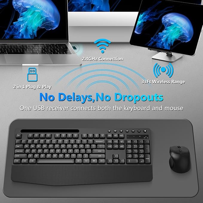 Wireless Keyboard and Mouse Combo, Full-Sized Ergonomic Keyboard with Wrist Rest, Phone Holder, Sleep Mode, Silent 2.4GHz Cordless Keyboard Mouse Combo for Computer, Laptop, PC, Mac, Windows-DeskLoop Office