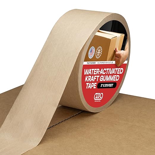 IDL Packaging 3" x 375 feet Reinforced Water-Activated Kraft Gummed Tape 70lb Thickness - Secure Paper Packing Tape for Secure Carton Sealing - Heavy-Duty for All Conditions, Brown-DeskLoop Office